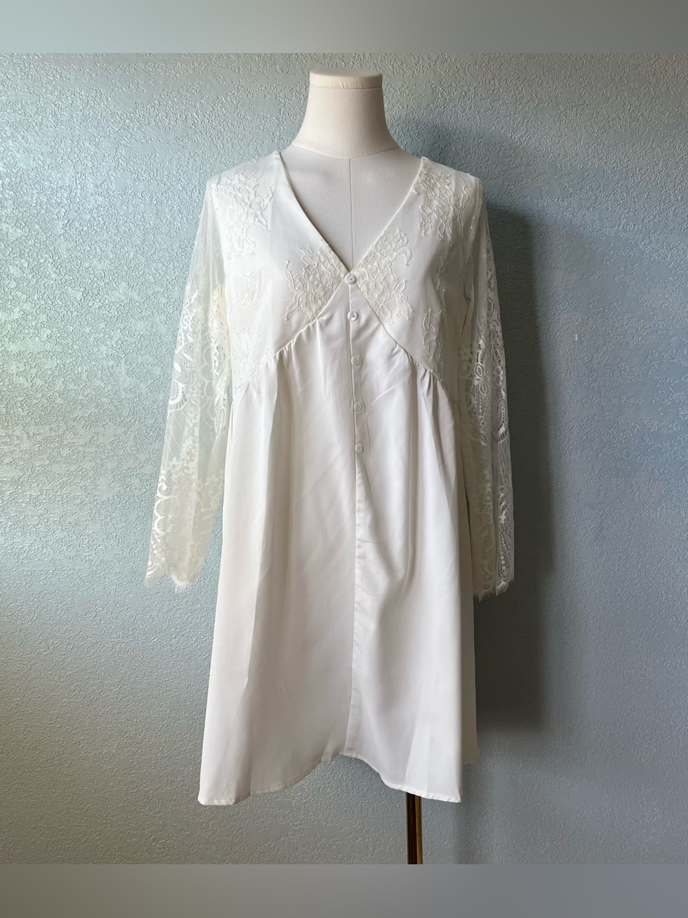 ZANZEA White Lace Sleeve Babydoll Mini Dress Women’s S Boho Romantic Cottagecore